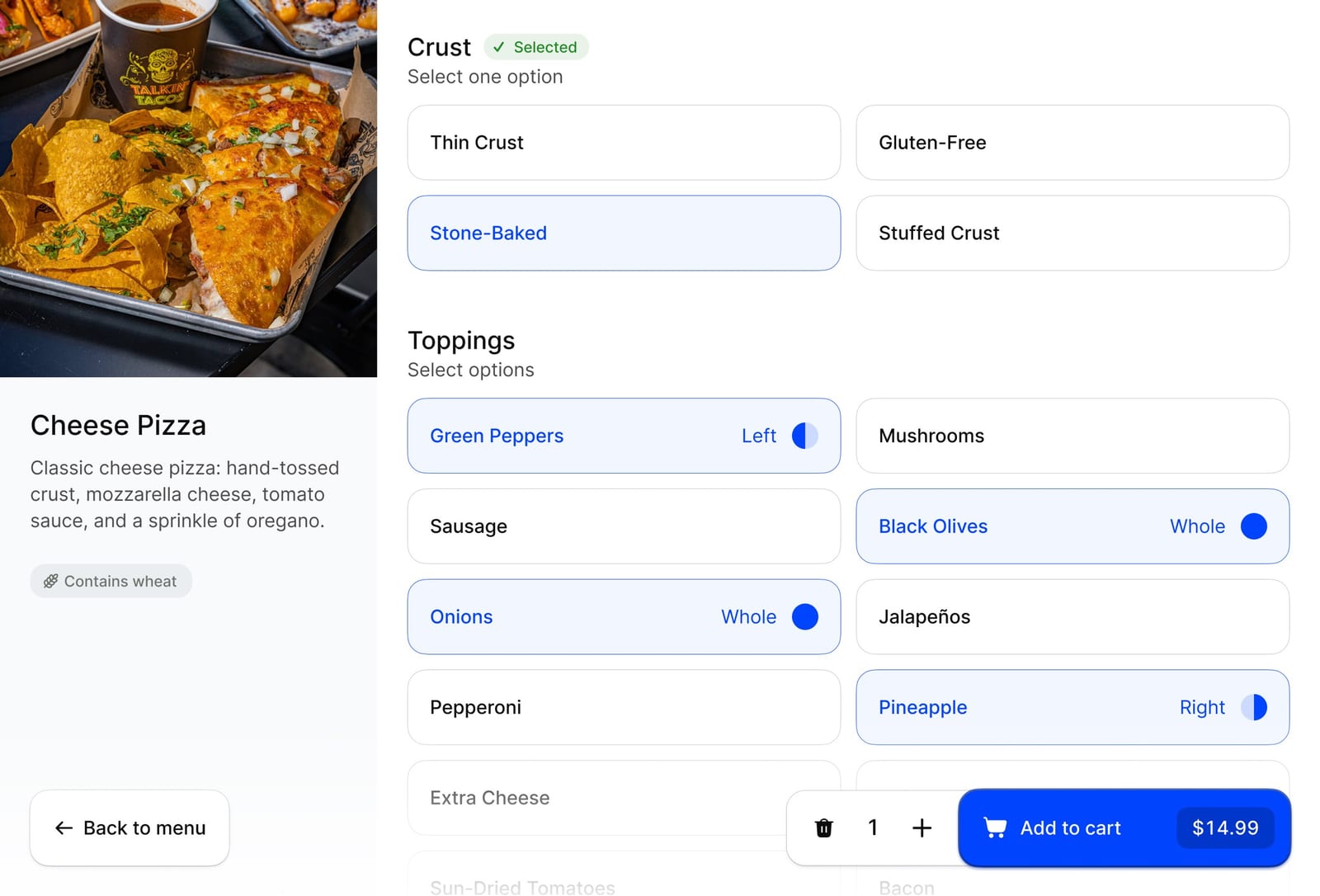 Adding items to the order on the kiosk