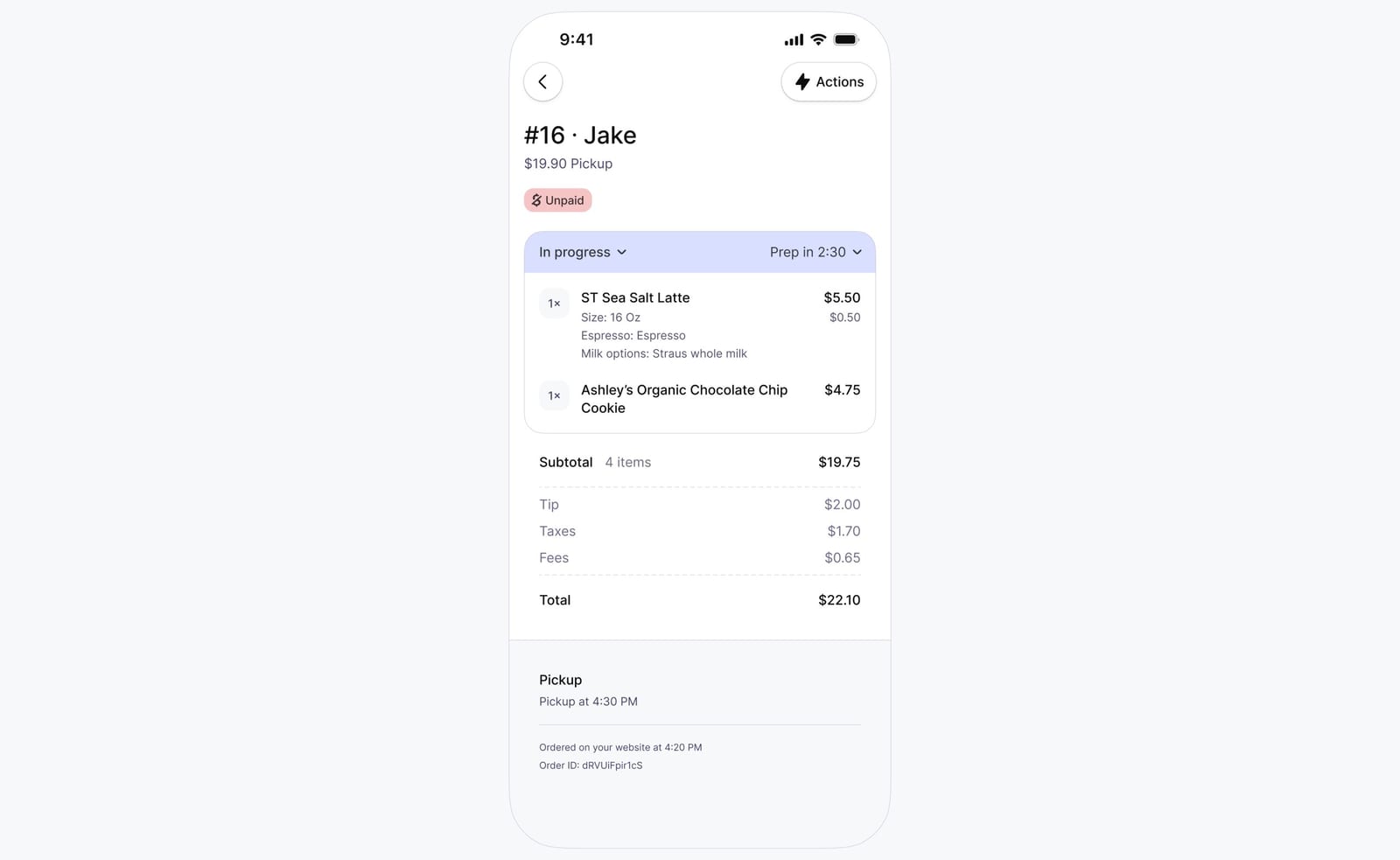 The same order details in the mobile app