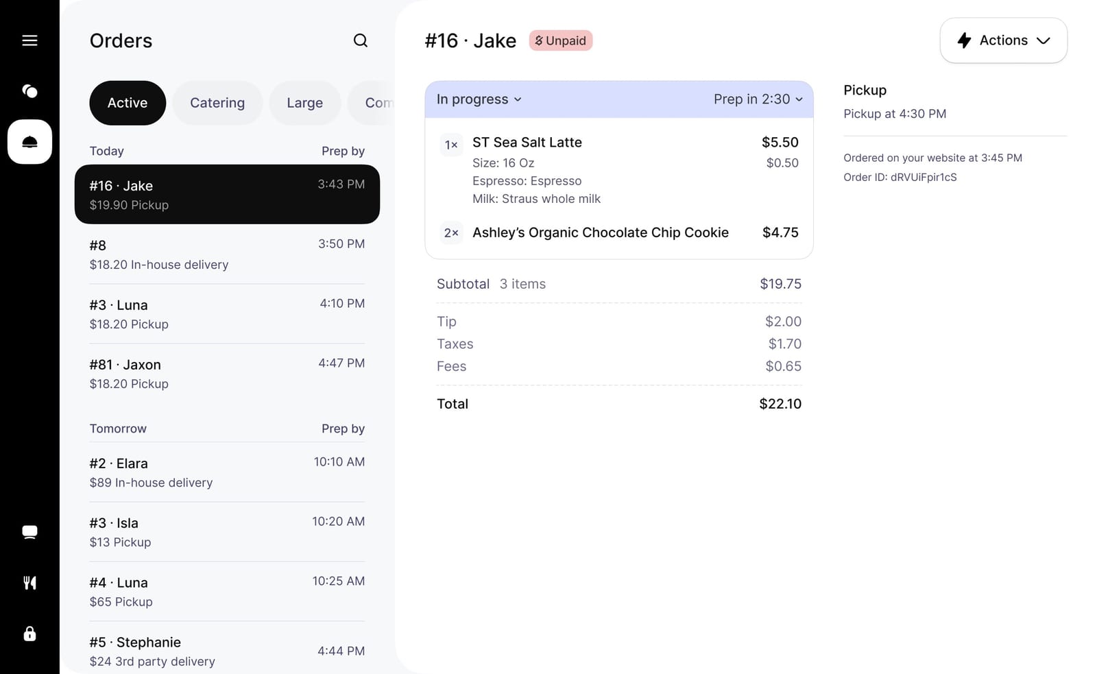 Order details on the point of sale