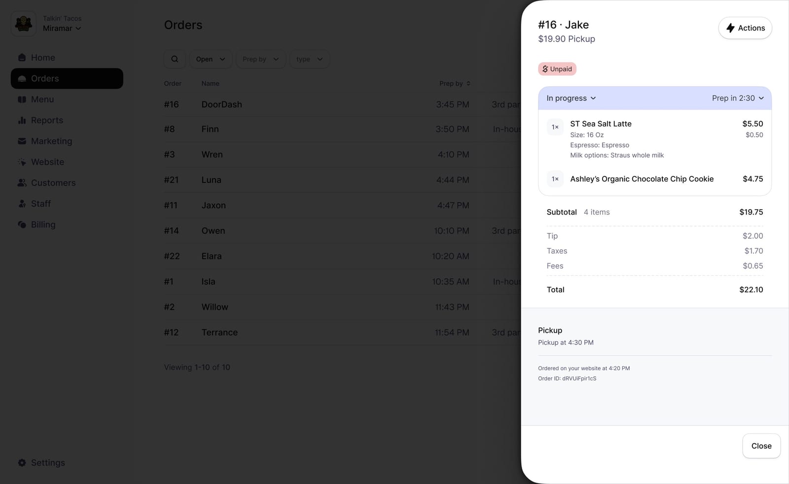 The same order details on web
