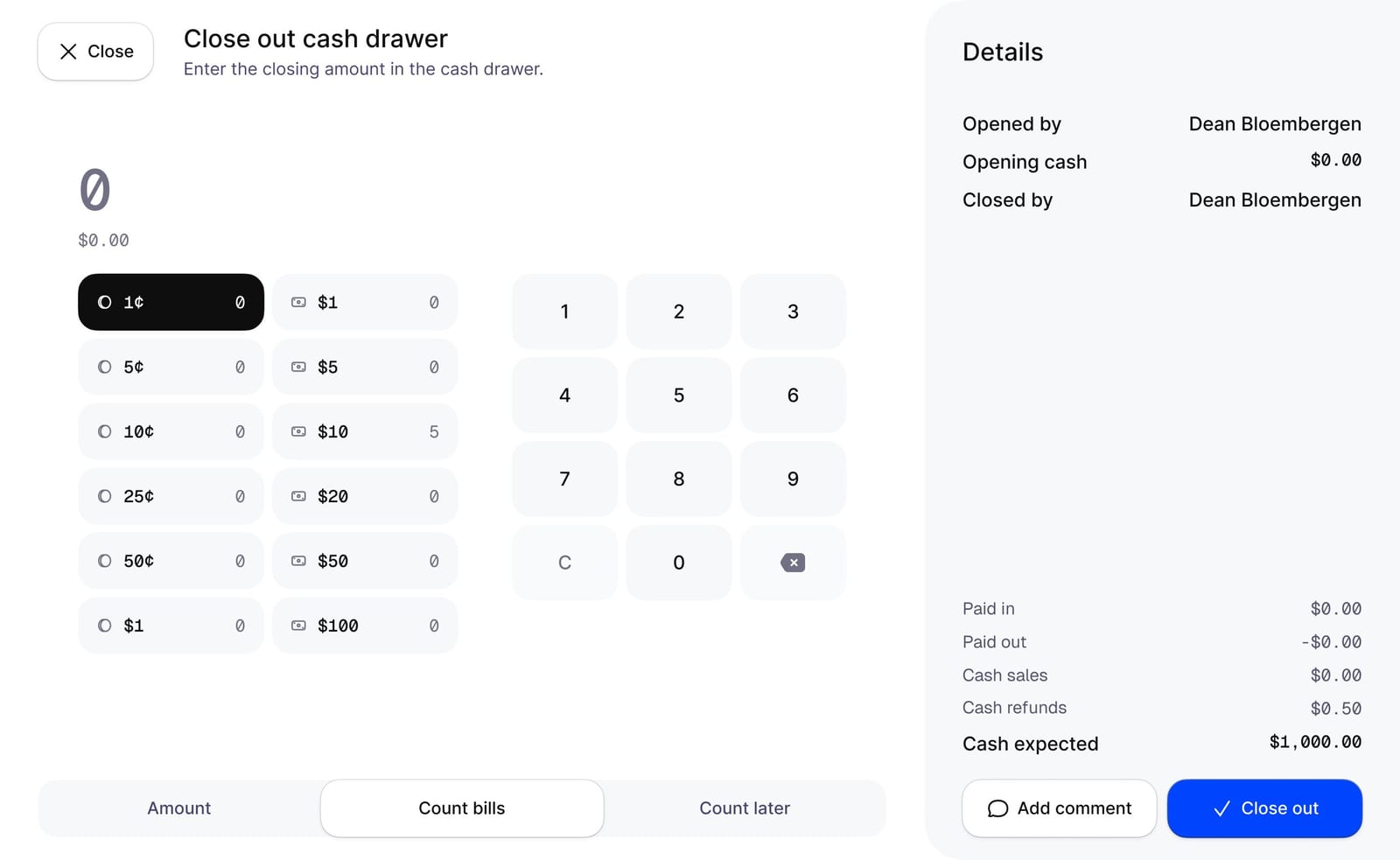 Cash drawer management screen
